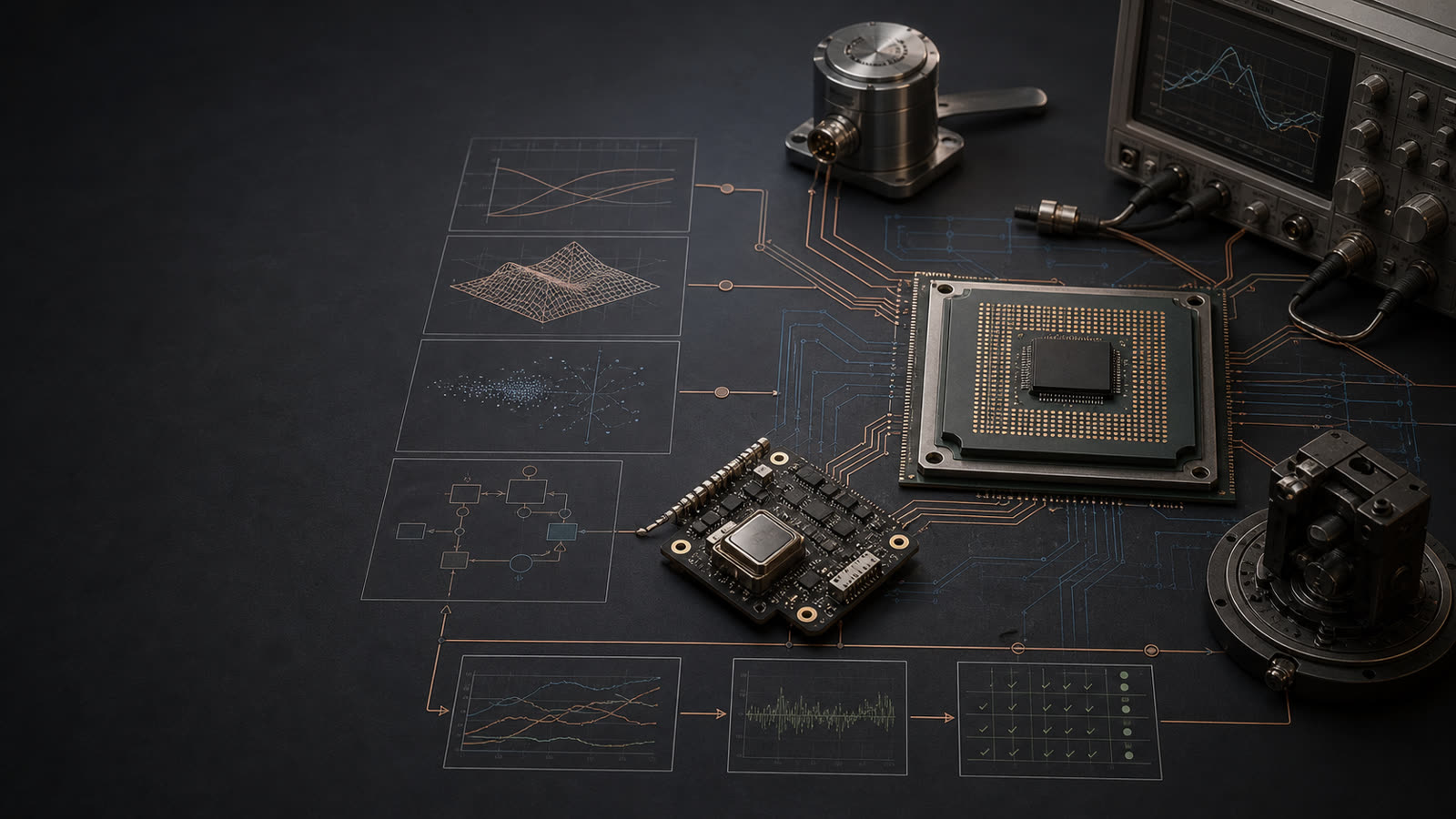 CPU and flight-control hardware connected to measurement and validation traces